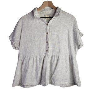 Catherine Malandrino Linen Stripe Peplum Blouse M‎ Short Sleeve Blouse Ivory